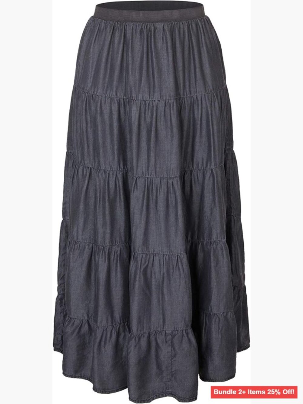 A-Line Maxi Skirt with Elastic Waist, Lightweight Tencel Denim, Tiered Layers